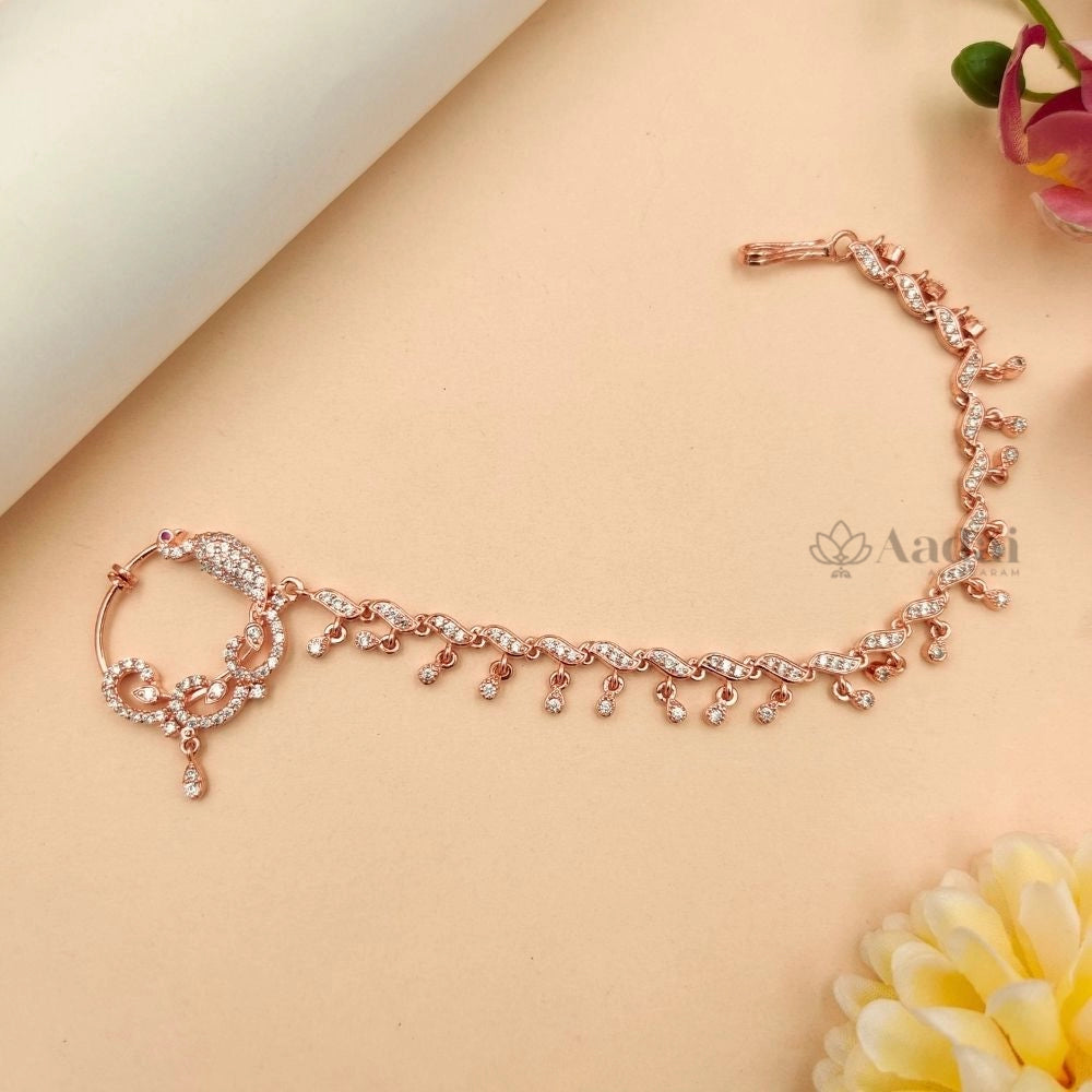 Peacock Rose gold Nose pin With Ear Chain