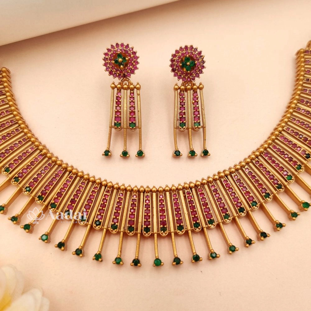 Beautiful Crafted Design Necklace - Ruby & Green