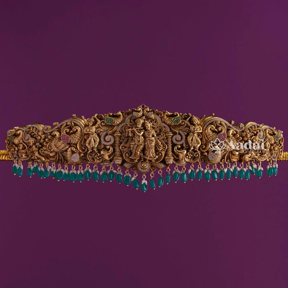 Krishna Radha Antique Hipbelt - Green Beads