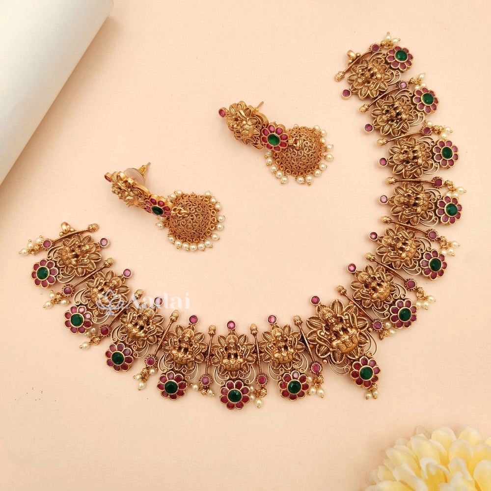 Striking Floral Lakshmi Motifs Necklace Set