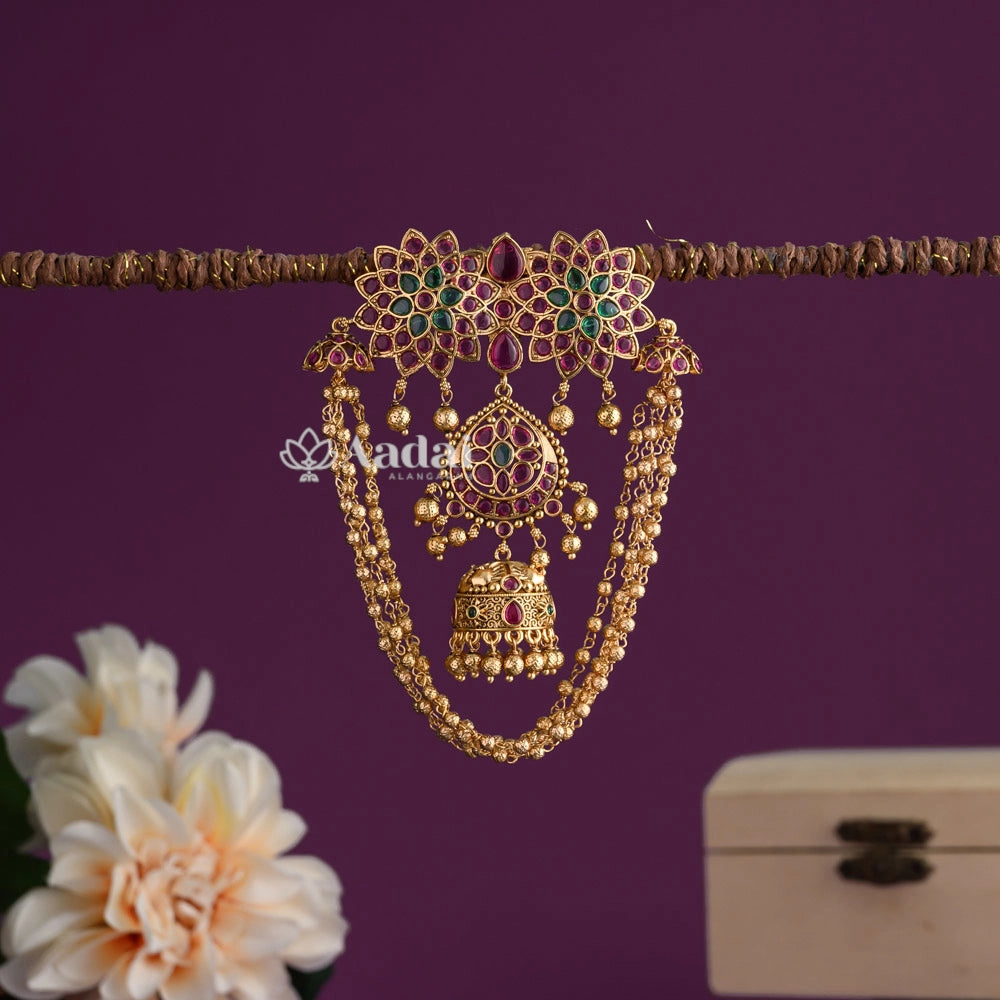 Floral Kemp With Jhumka Gold Cluster Hangings 