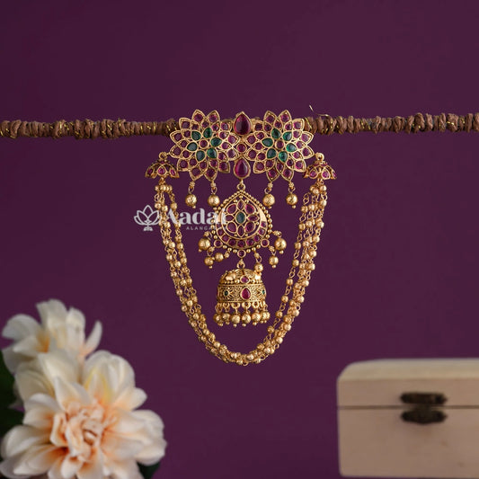 Floral Kemp With Jhumka Gold Cluster Hangings 