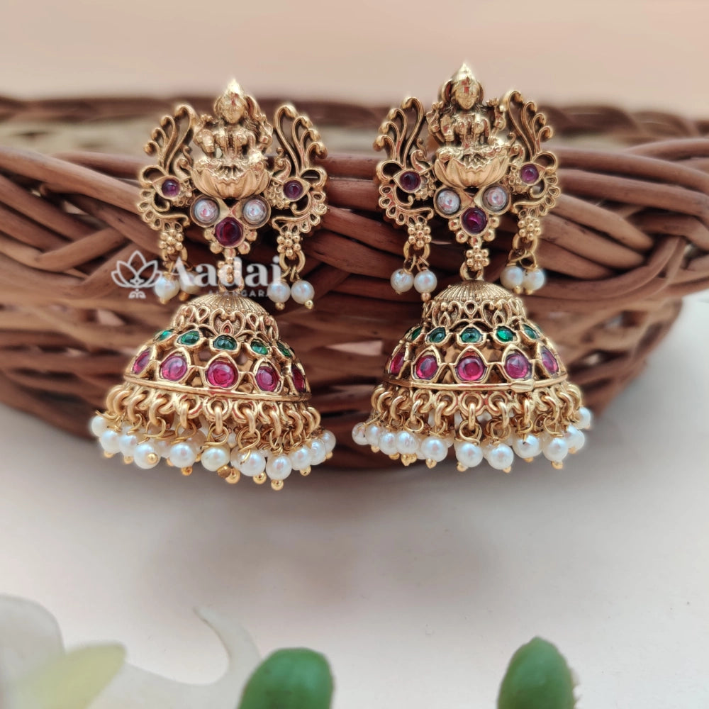 Dual peacock lakshmi Antique jhumka - pearl