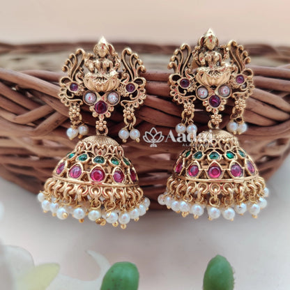 Dual peacock lakshmi Antique jhumka - pearl