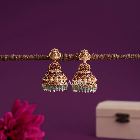 Antique Peacock Jhumki - Green Beads