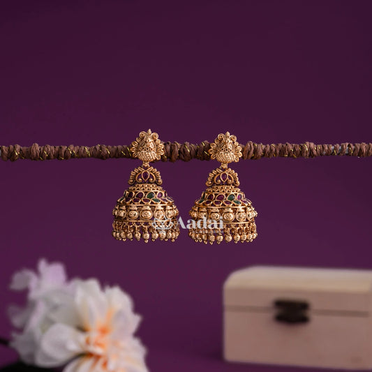 Antique Peacock Jhumki - Gold Beads