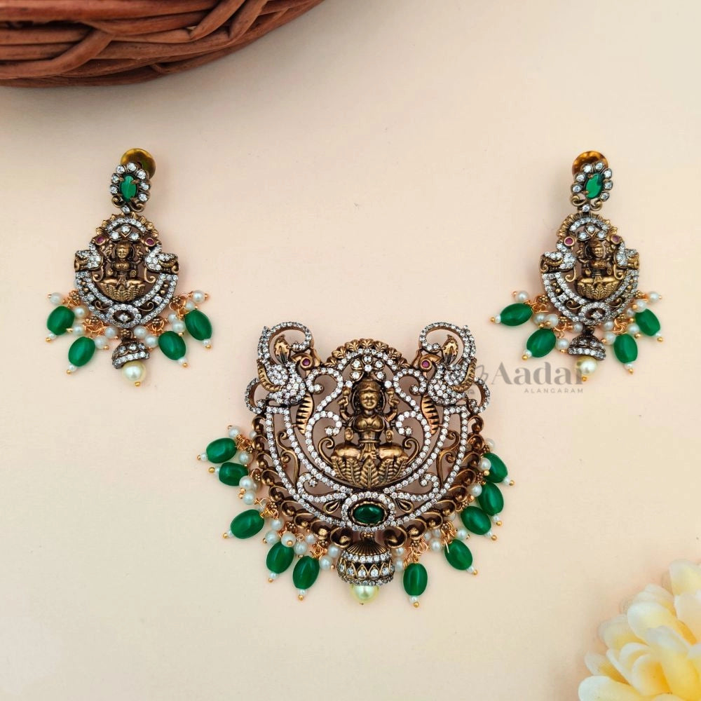 Antique AD Lakshmi Pendant Set - Green