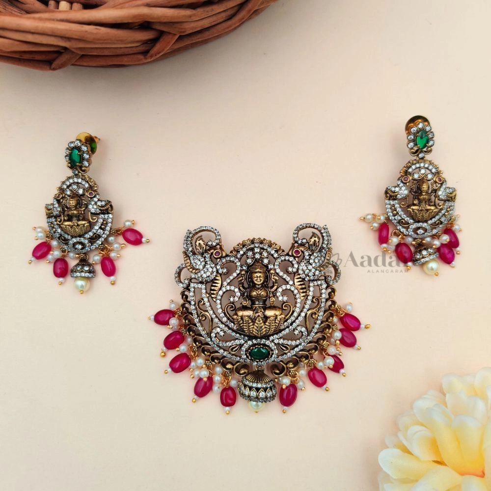 Antique AD Lakshmi Pendant Set - Green