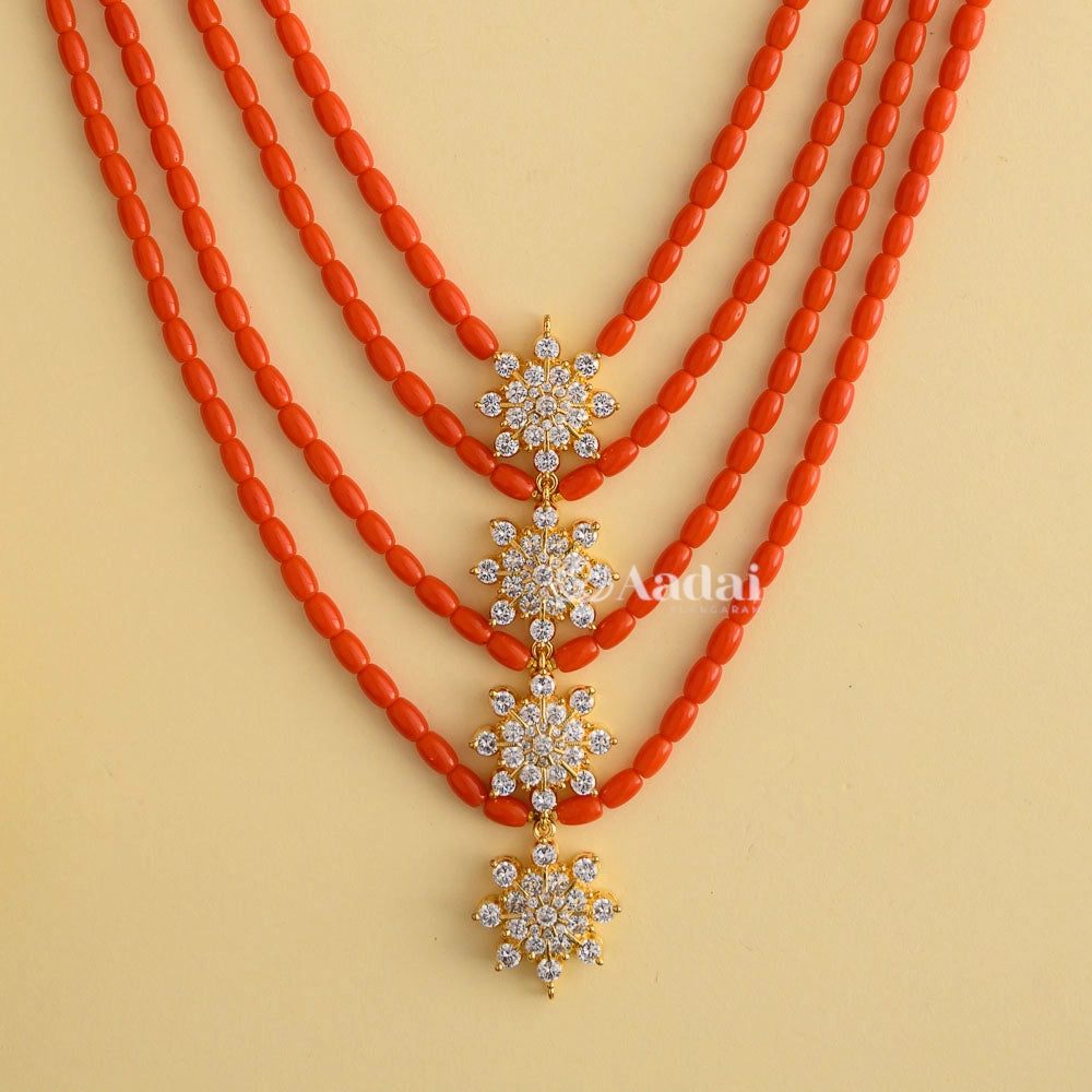 Coral Beads Layer With Diamond Replica Pendant