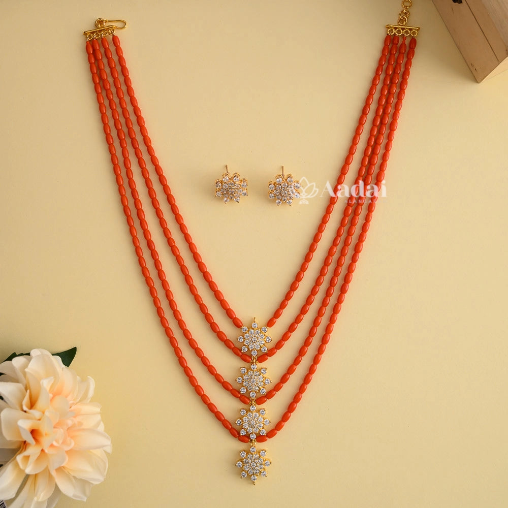 Coral Beads Layer With Diamond Replica Pendant