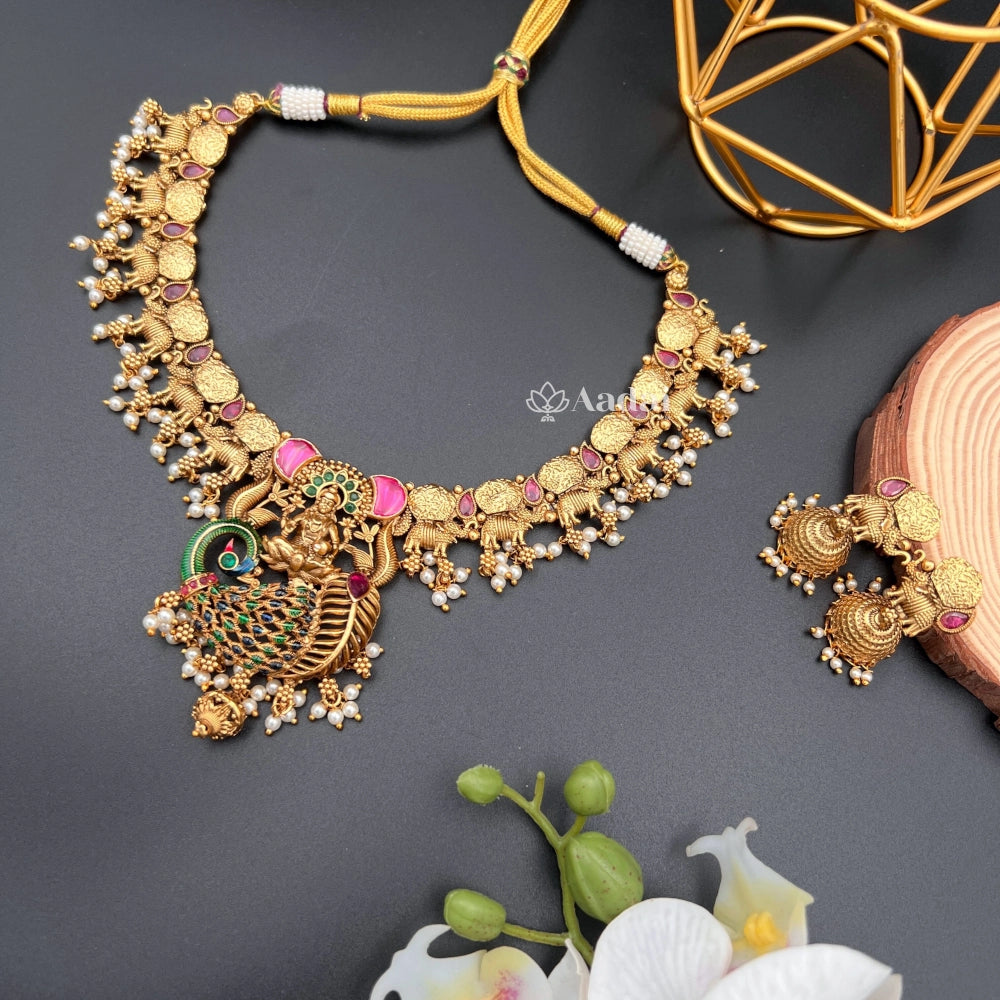 Intricately designed lakshmi motifs necklace