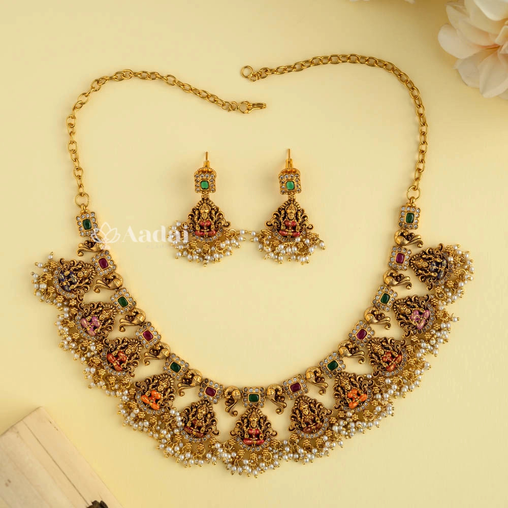 Lakshmi Antique Enamel Cluster Pearl Necklace 