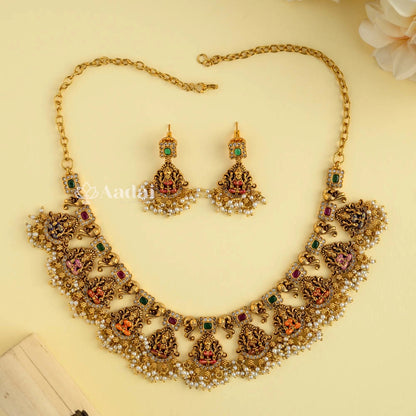 Lakshmi Antique Enamel Cluster Pearl Necklace 
