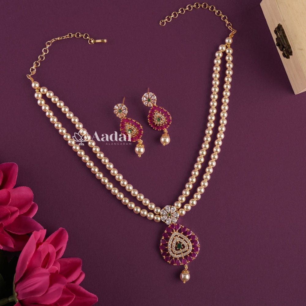 Celestial Swarovski Pearl With Ruby Drop Pendant