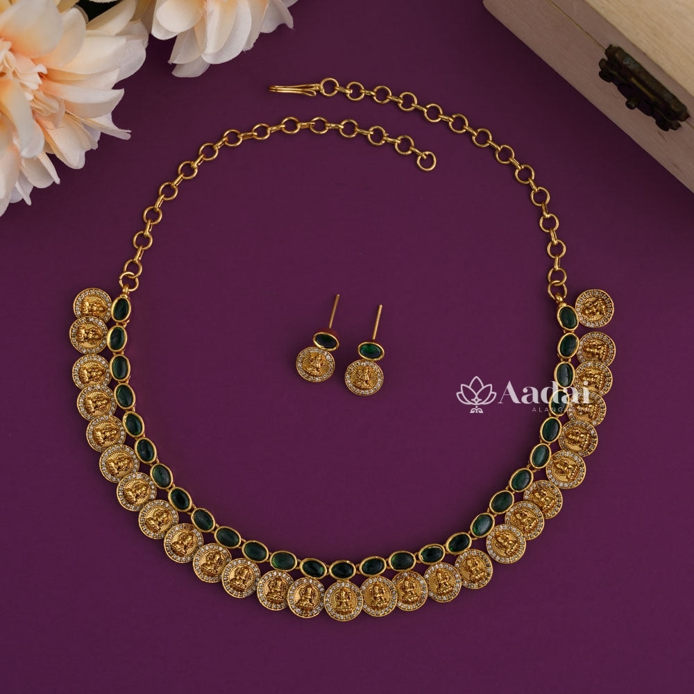 Heritage Lakshmi Coin Necklace - Green