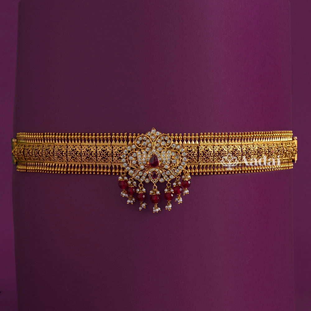 Lotus Pendant With Intricately Designed Hip Belt - Red