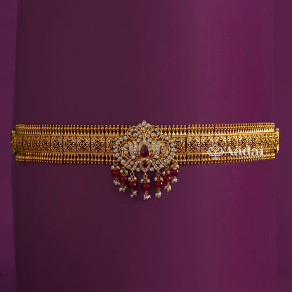 Lotus Pendant With Intricately Designed Hip Belt - Red